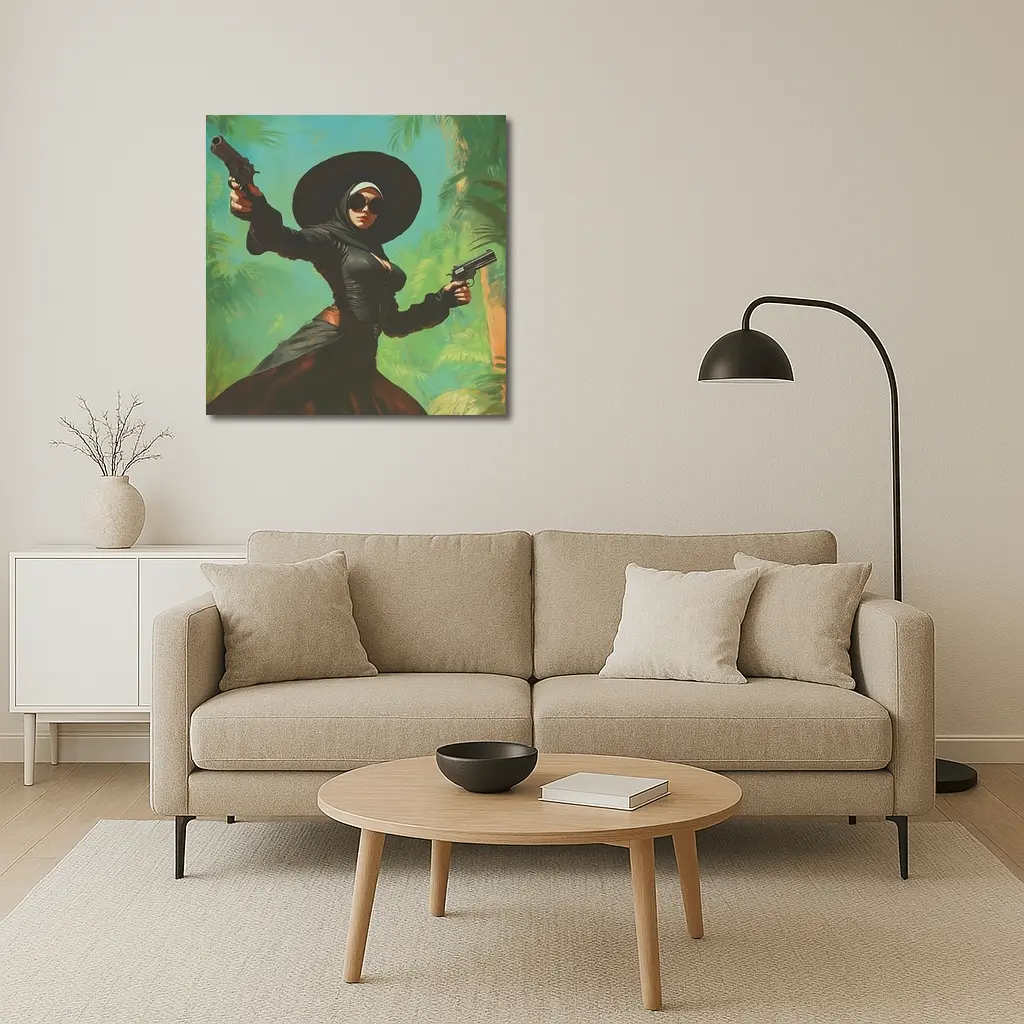 Armed Woman Black Hat Tropical Background – Wall Art