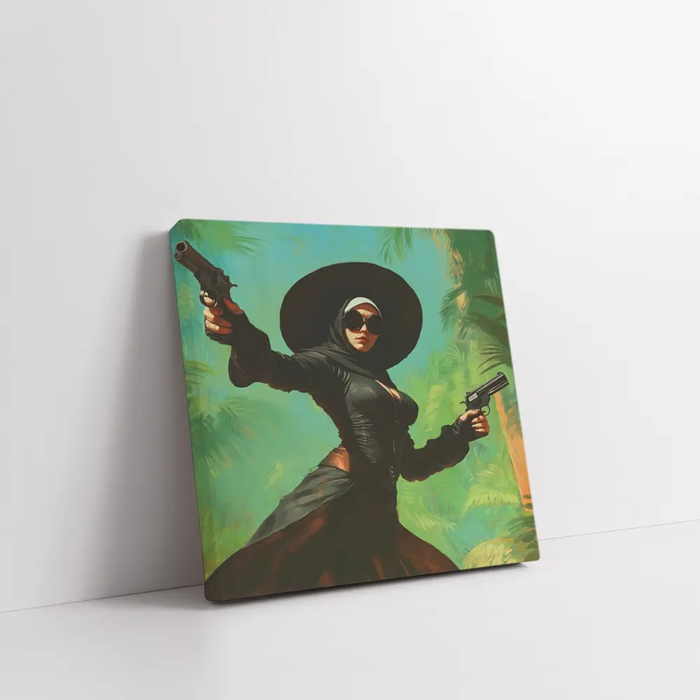 Armed Woman Black Hat Tropical Background – Wall Art