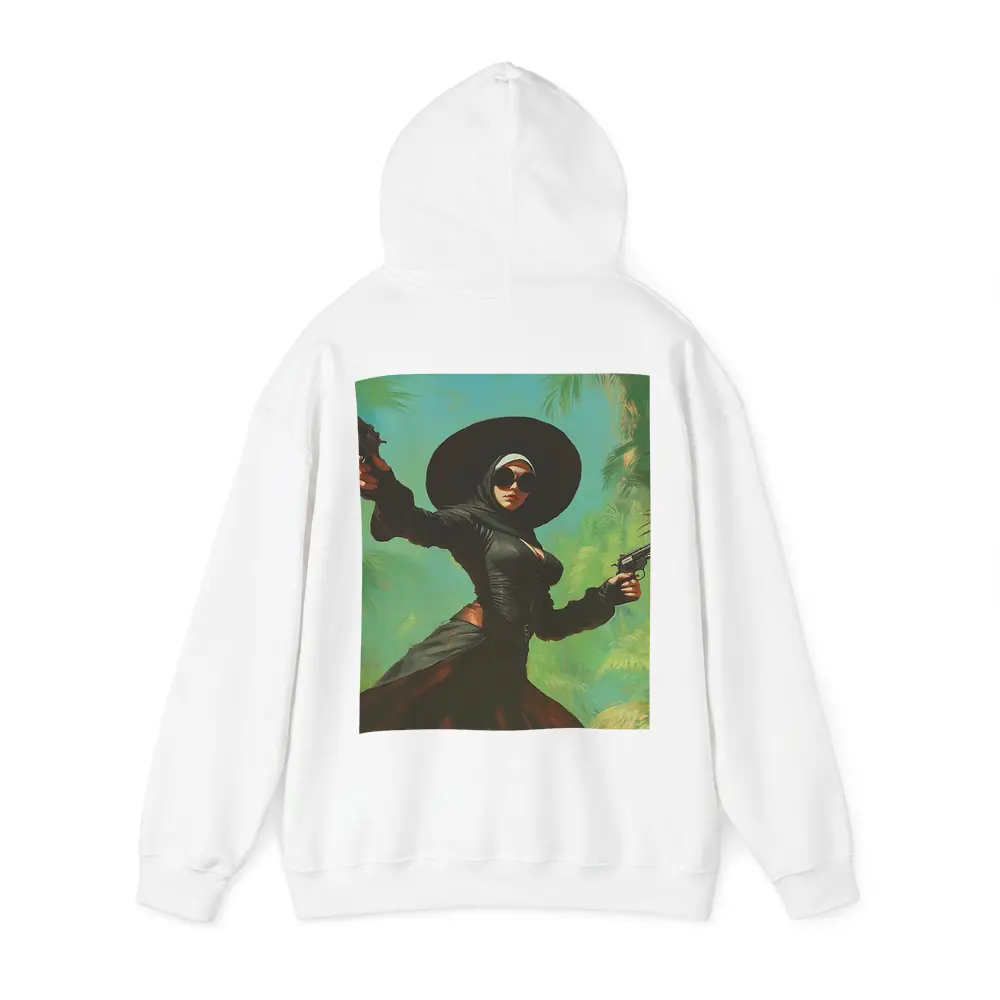 Armed Woman Black Hat Tropical Background – Hoodies