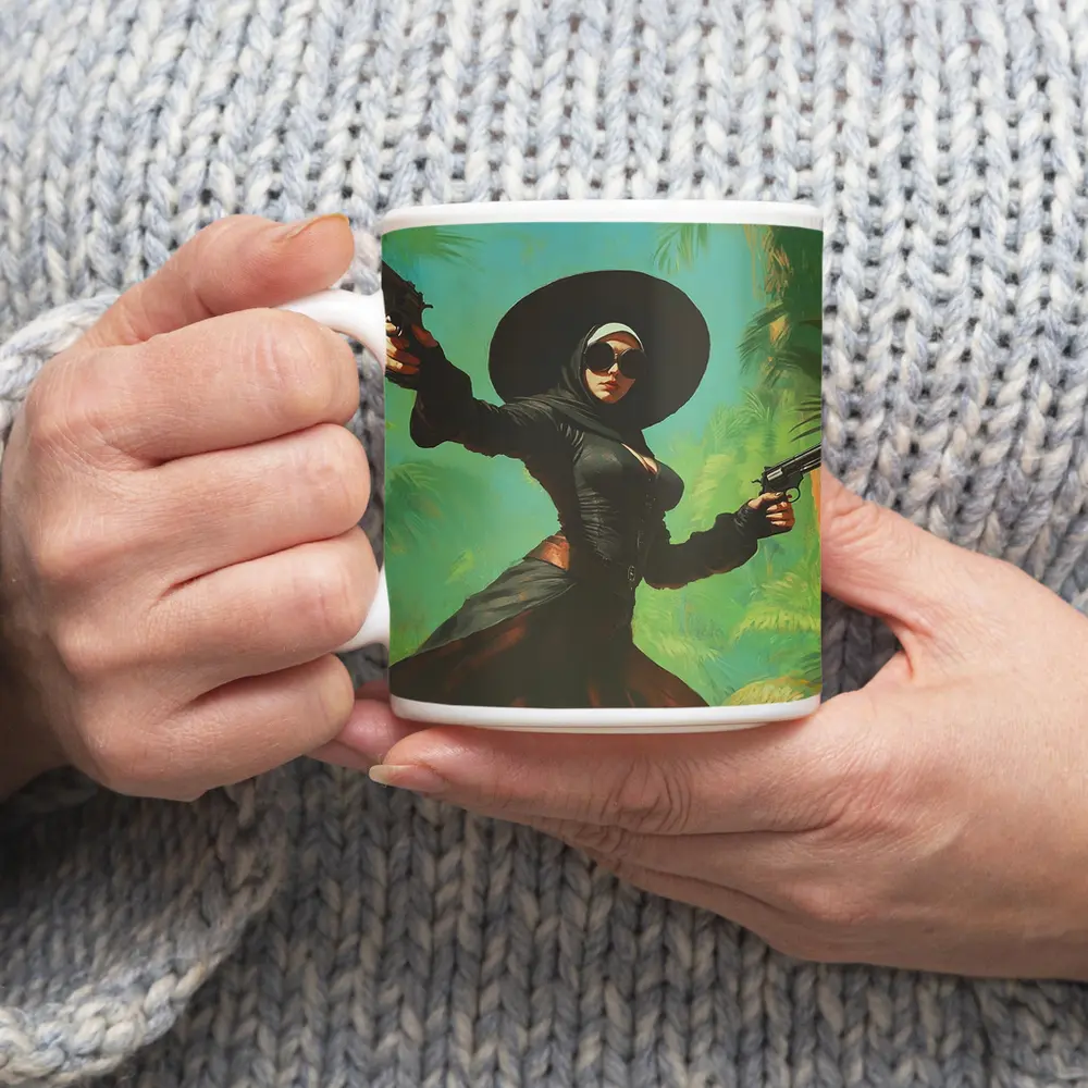 Armed Woman Black Hat Tropical Background – Mugs