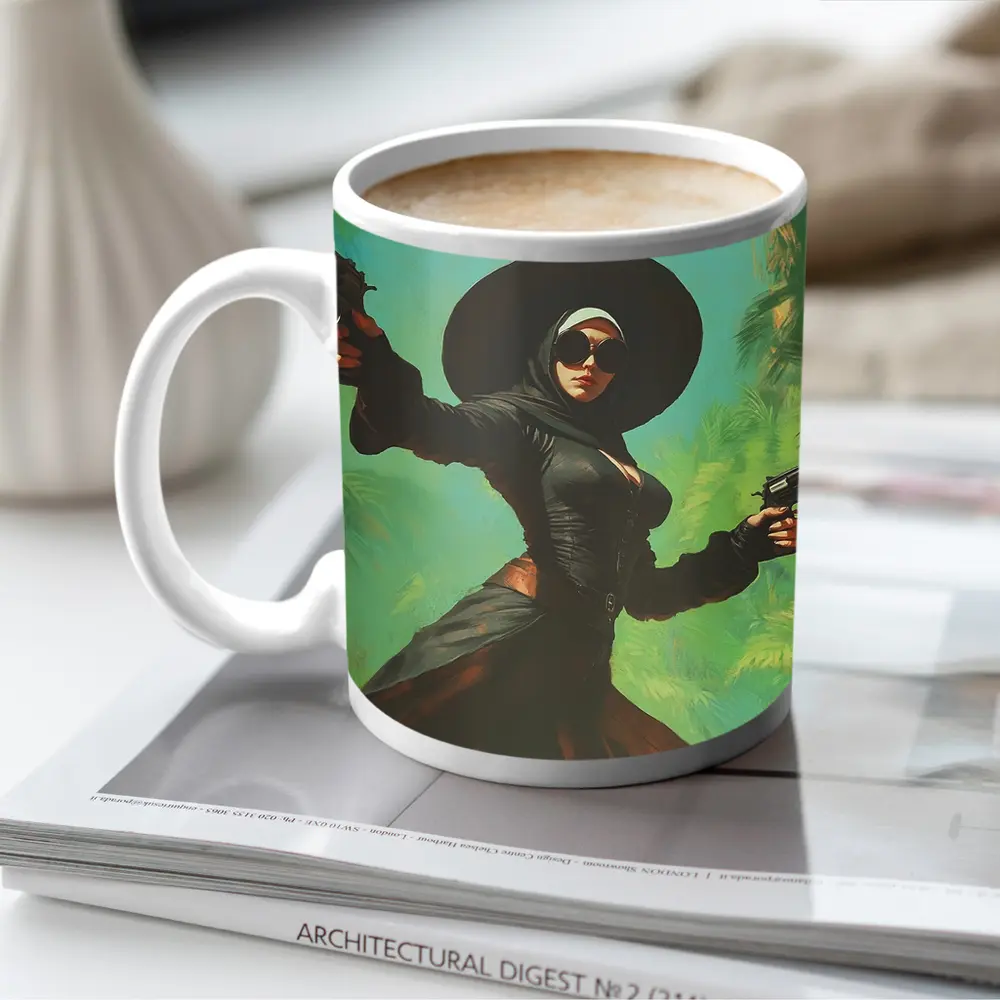Armed Woman Black Hat Tropical Background – Mugs