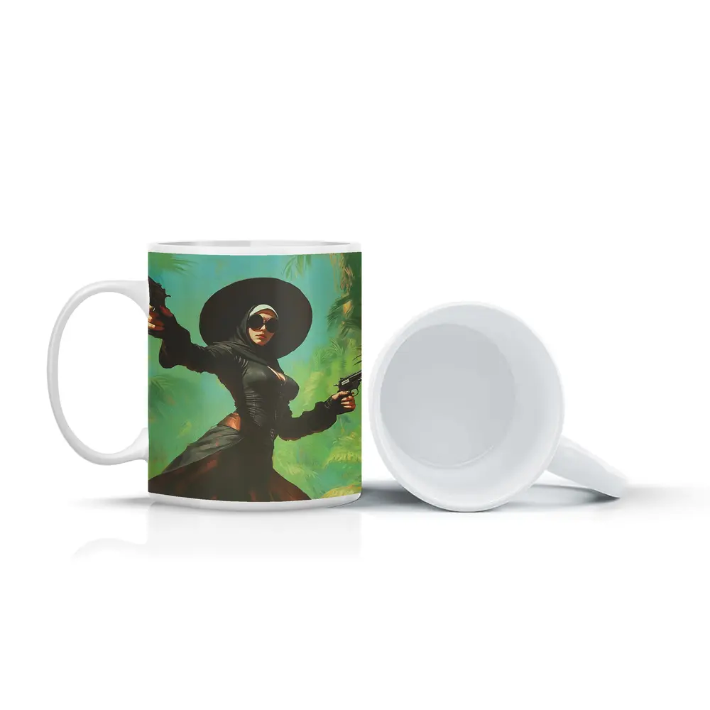 Armed Woman Black Hat Tropical Background – Mugs