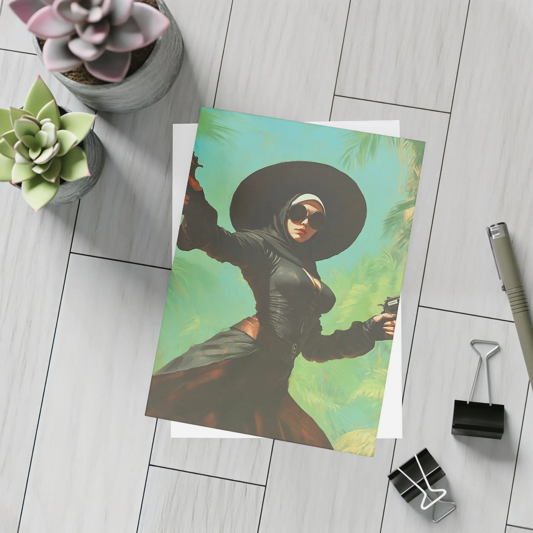 Armed Woman Black Hat Tropical Background – Postcards