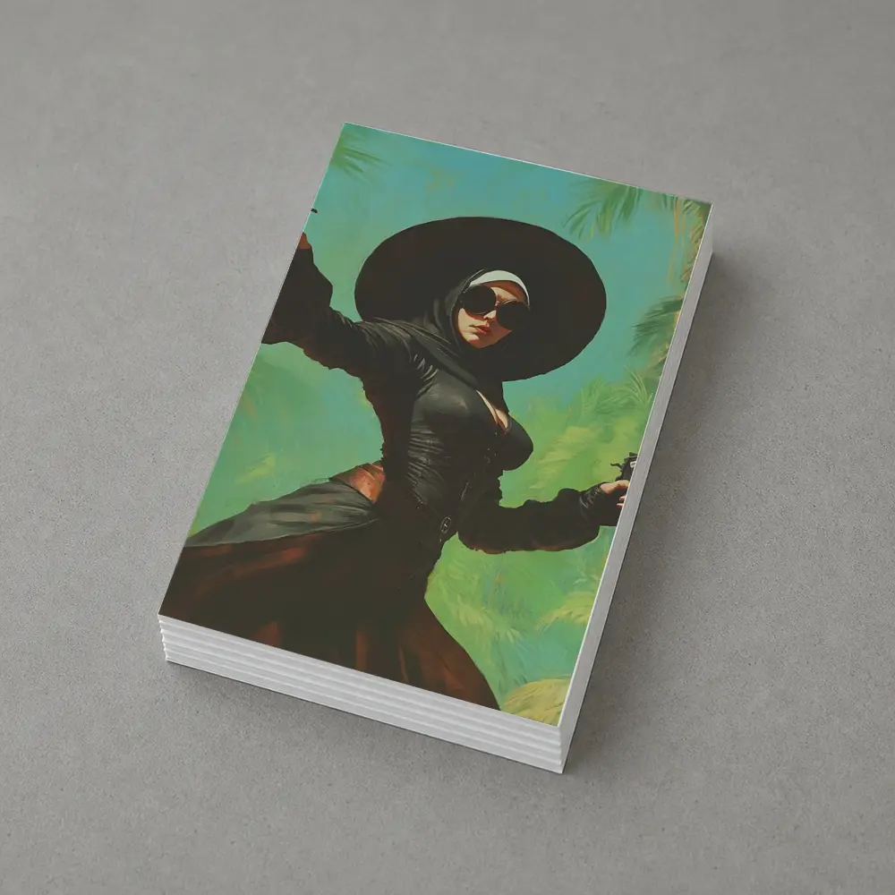 Armed Woman Black Hat Tropical Background – Postcards