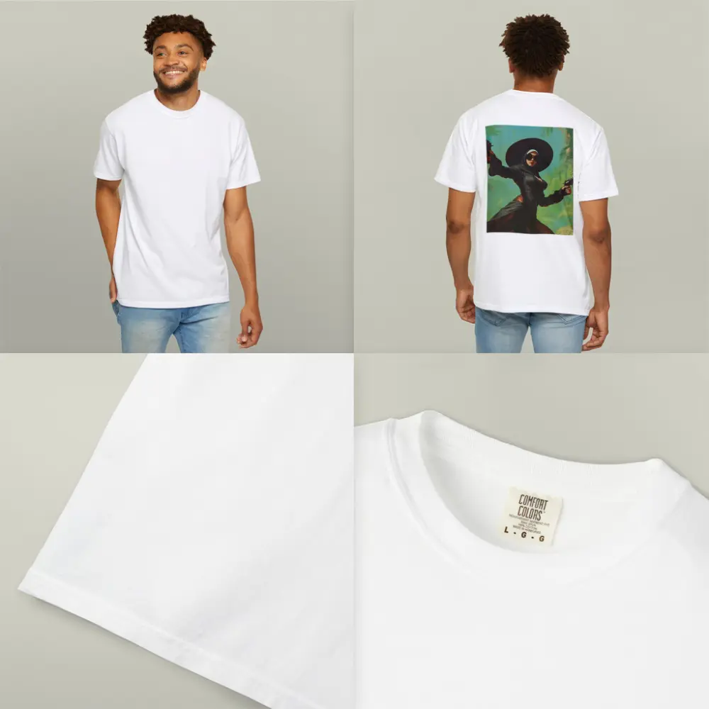 Armed Woman Black Hat Tropical Background – T-Shirts