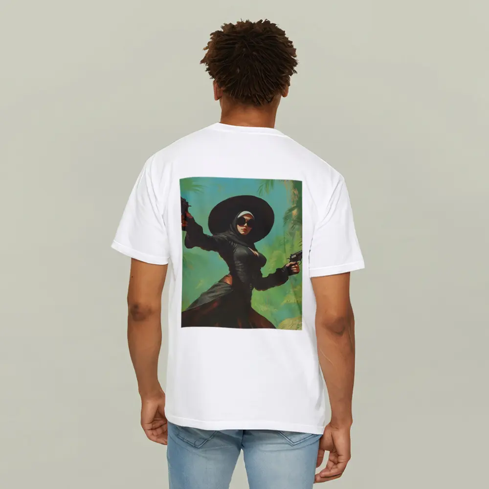 Armed Woman Black Hat Tropical Background – T-Shirts