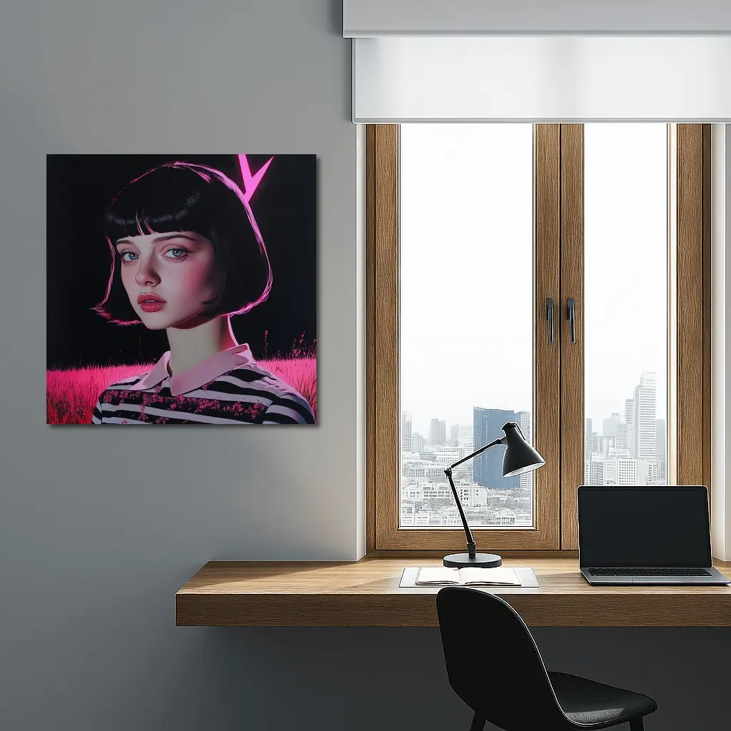 Dark Academia Girl Pink Neon Field Portrait – Wall Art