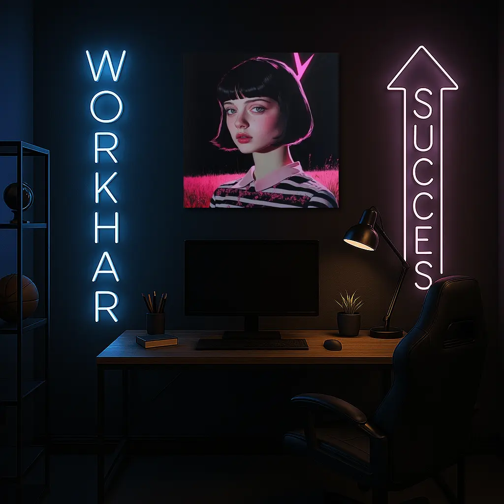 Dark Academia Girl Pink Neon Field Portrait – Wall Art