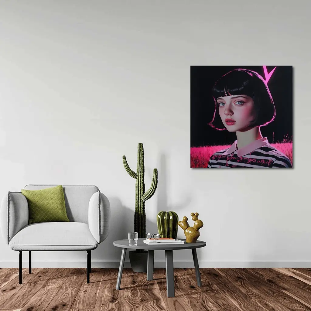 Dark Academia Girl Pink Neon Field Portrait – Wall Art