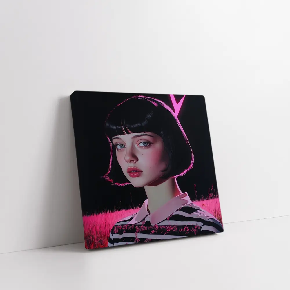 Dark Academia Girl Pink Neon Field Portrait – Wall Art
