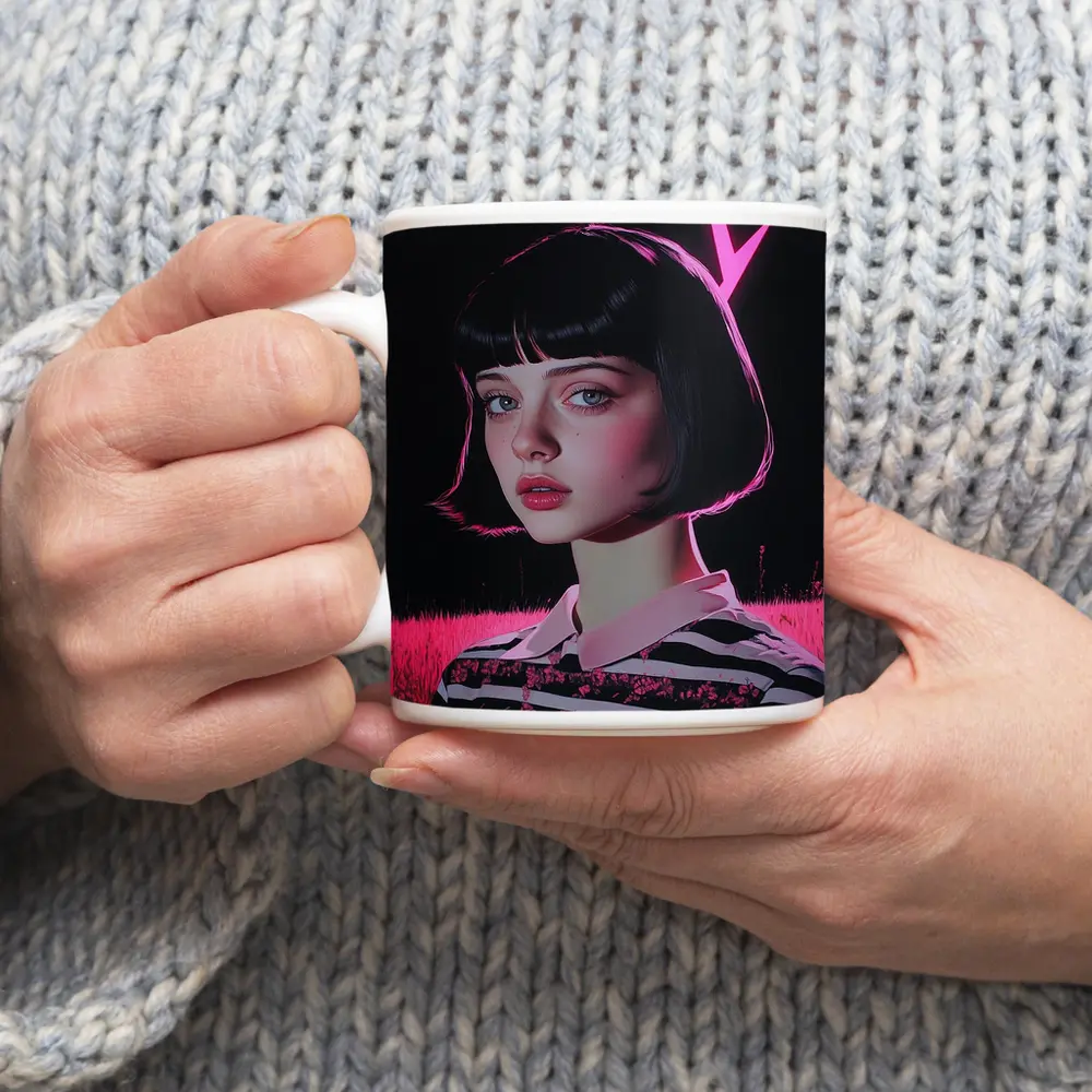 Dark Academia Girl Pink Neon Field Portrait – Mugs