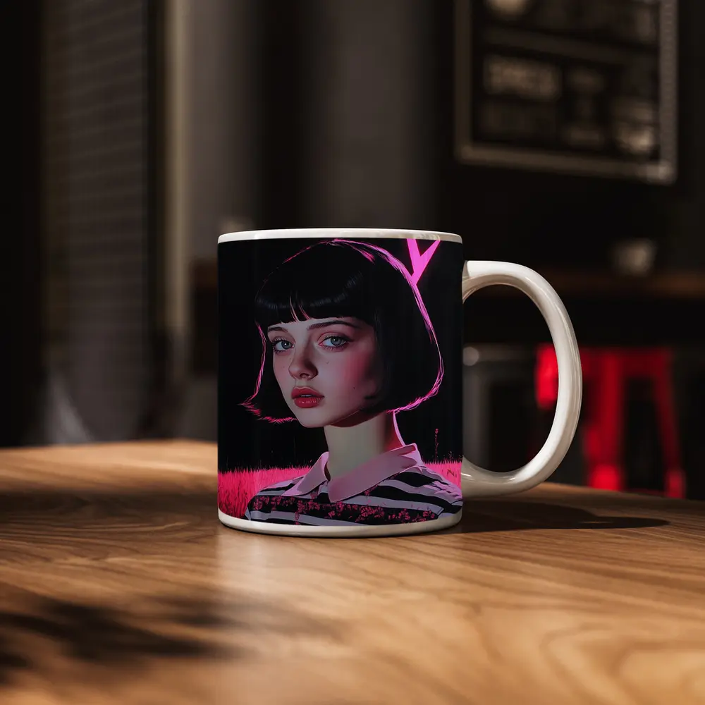 Dark Academia Girl Pink Neon Field Portrait – Mugs