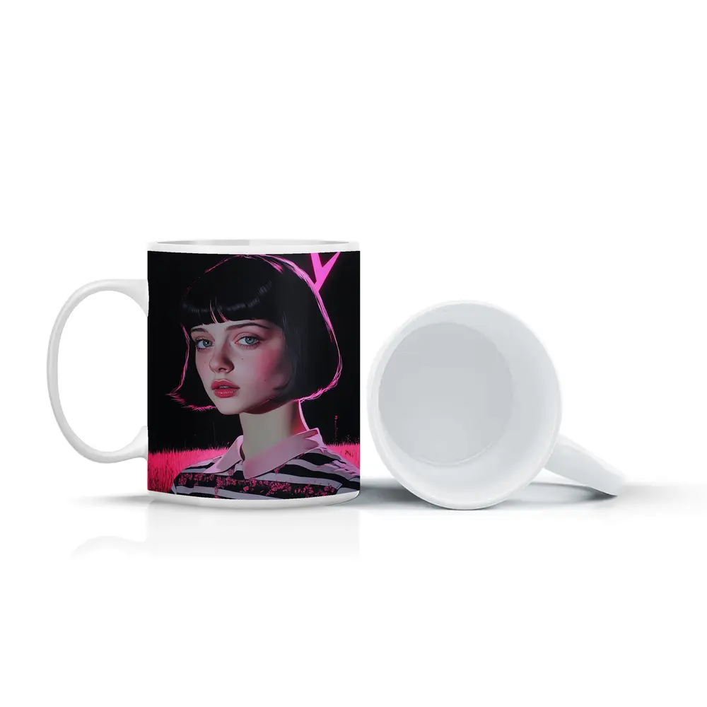 Dark Academia Girl Pink Neon Field Portrait – Mugs