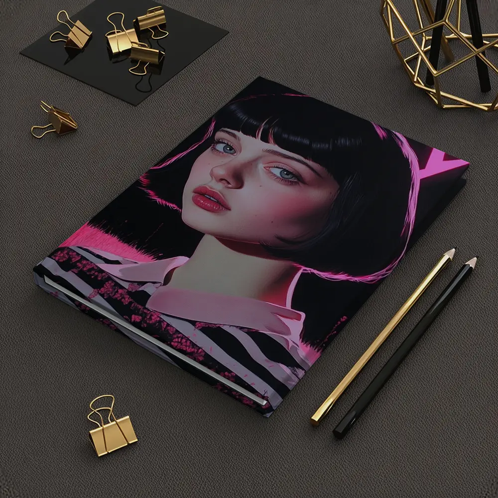 Dark Academia Girl Pink Neon Field Portrait – Notebooks