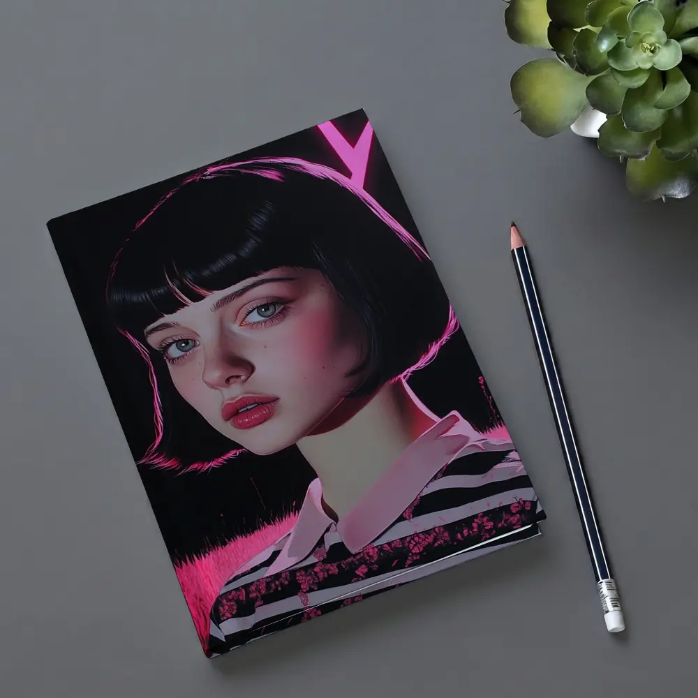 Dark Academia Girl Pink Neon Field Portrait – Notebooks