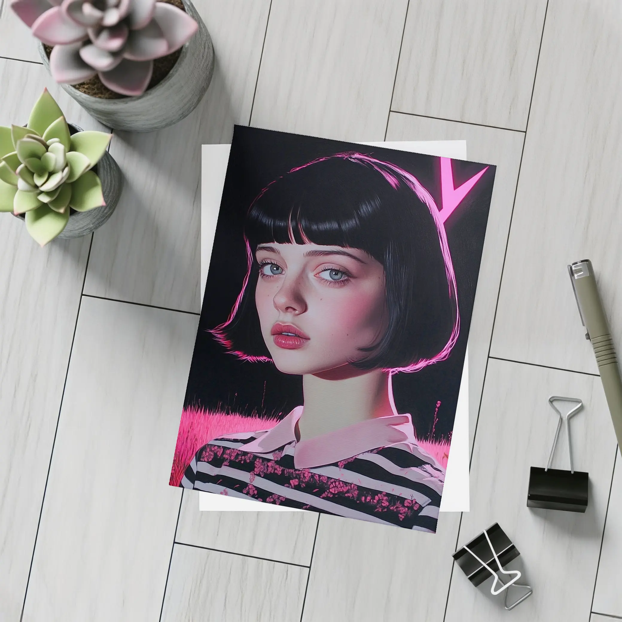 Dark Academia Girl Pink Neon Field Portrait – Postcards