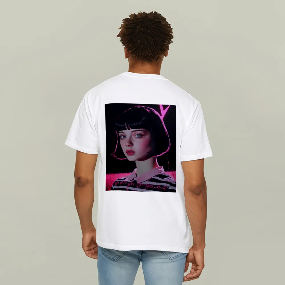 Dark Academia Girl Pink Neon Field Portrait – T-Shirts