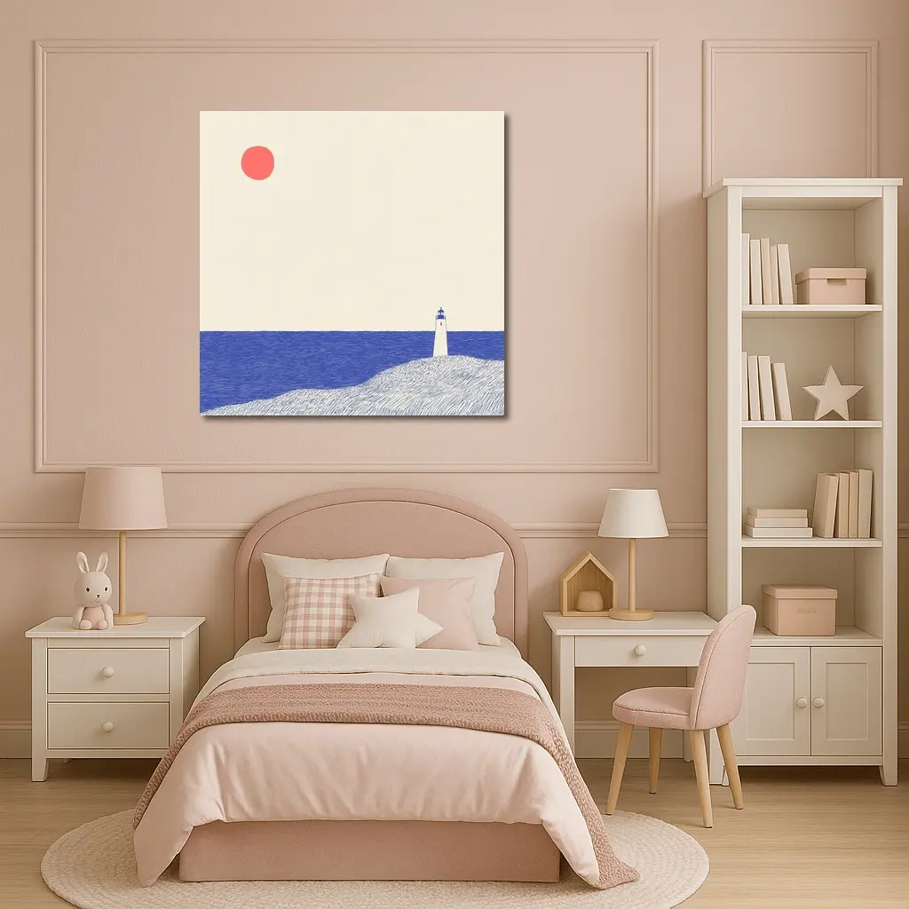 Minimalist Lighthouse Blue Ocean Red Sun – Wall Art