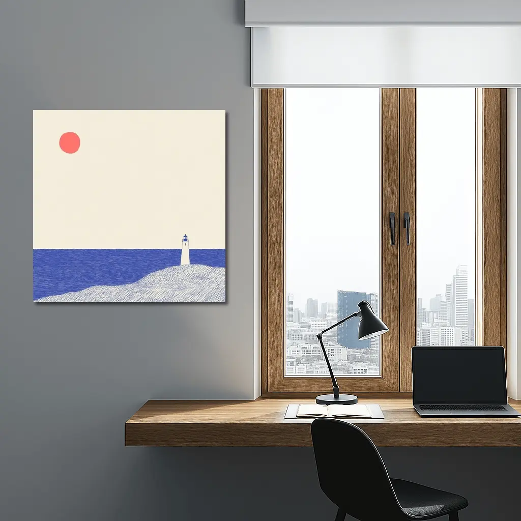 Minimalist Lighthouse Blue Ocean Red Sun – Wall Art