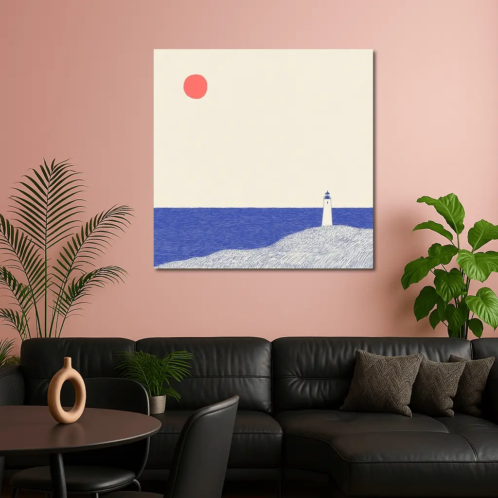 Minimalist Lighthouse Blue Ocean Red Sun – Wall Art