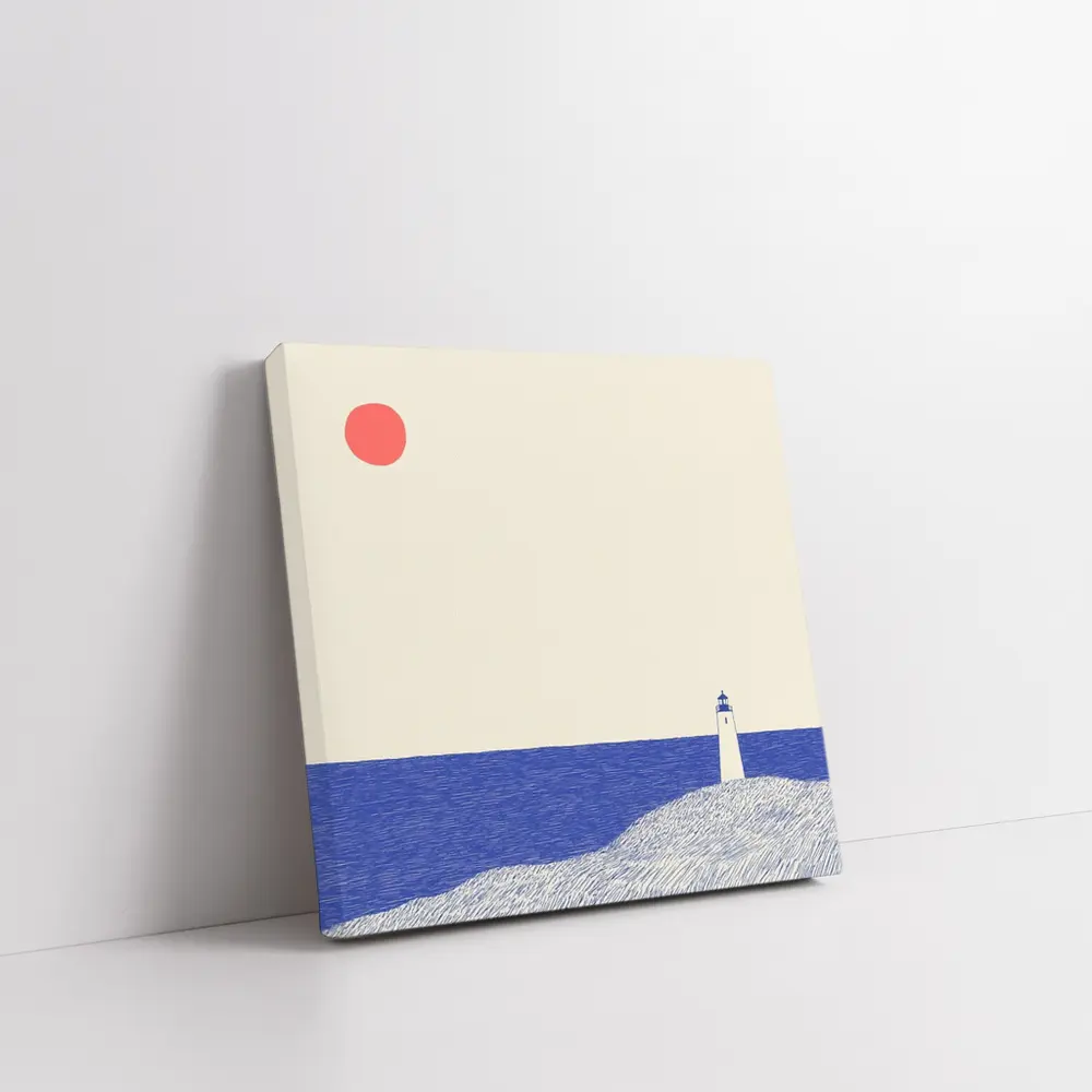 Minimalist Lighthouse Blue Ocean Red Sun – Wall Art