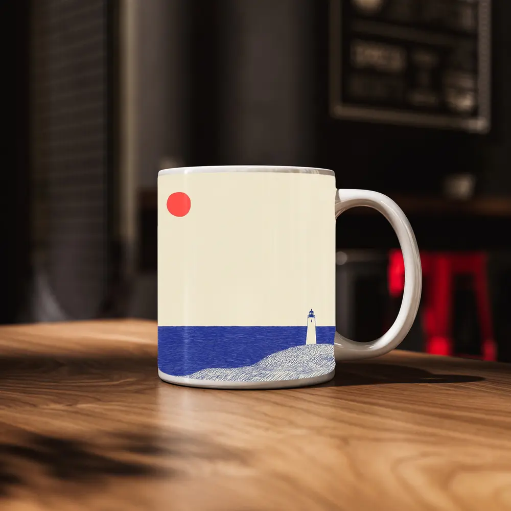 Minimalist Lighthouse Blue Ocean Red Sun – Mugs