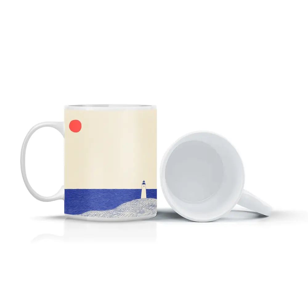 Minimalist Lighthouse Blue Ocean Red Sun – Mugs