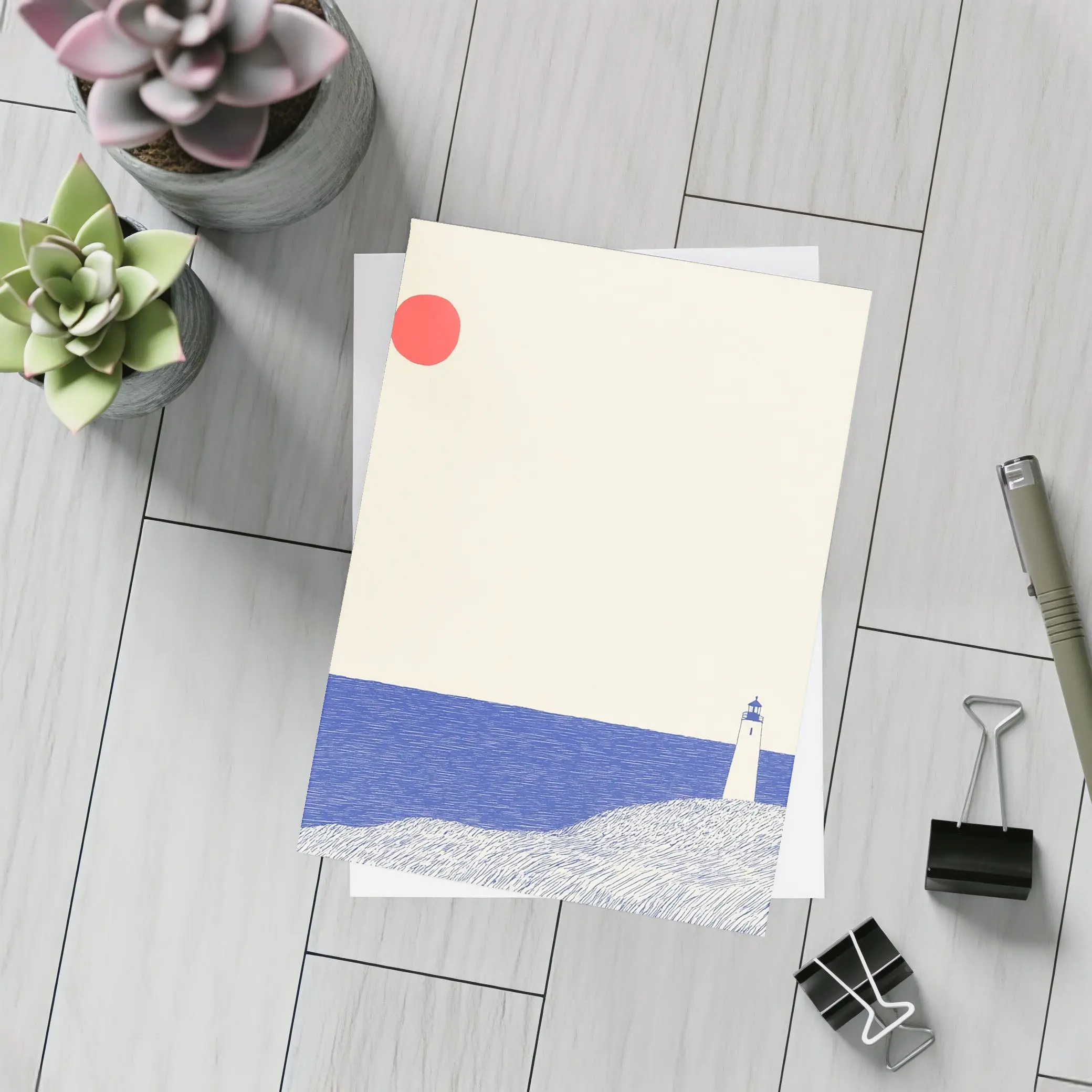 Minimalist Lighthouse Blue Ocean Red Sun – Postcards