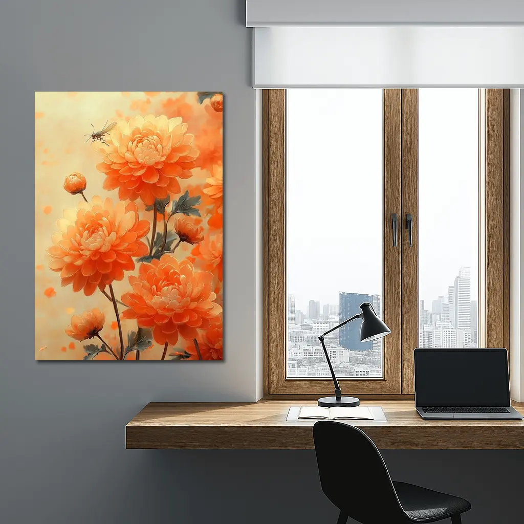 Orange Chrysanthemums With Dragonfly Floral Painting – Wall Art