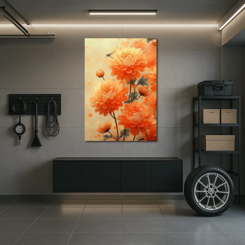 Orange Chrysanthemums With Dragonfly Floral Painting – Wall Art