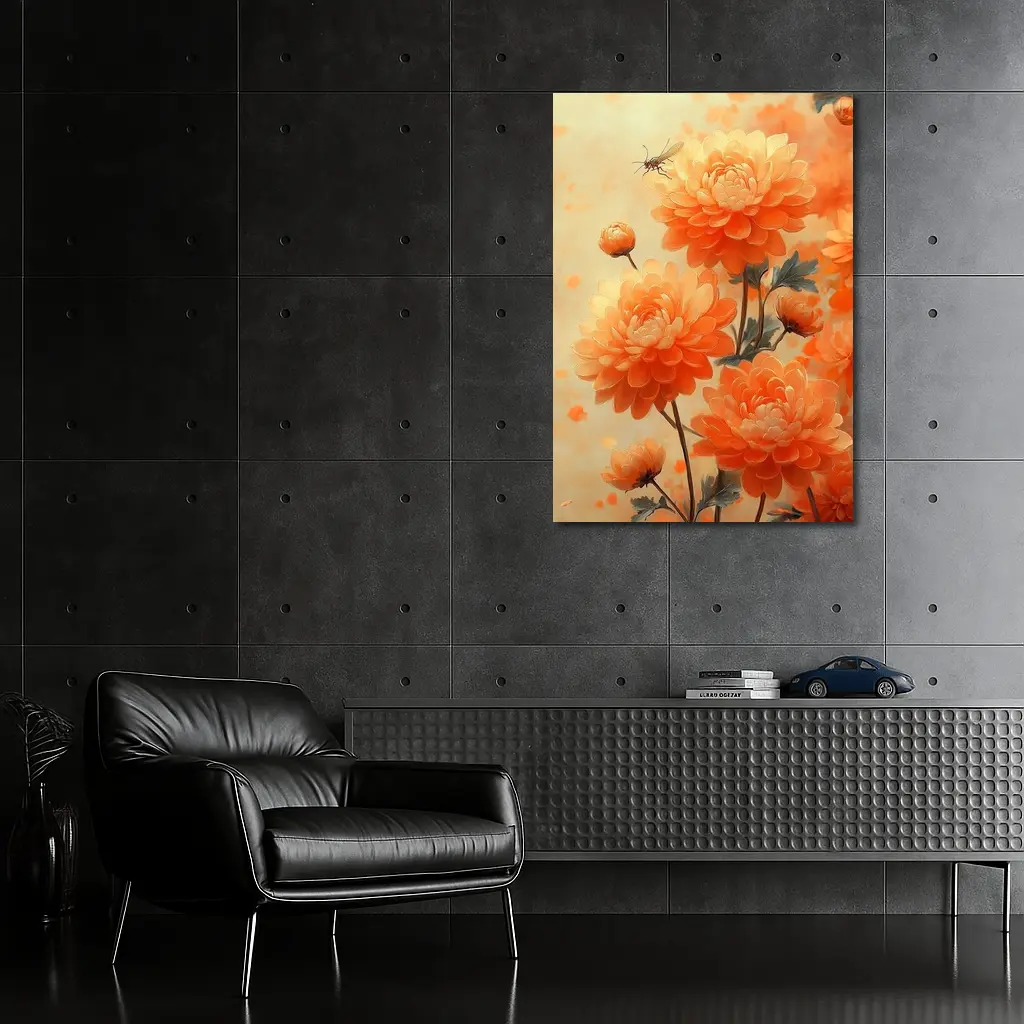Orange Chrysanthemums With Dragonfly Floral Painting – Wall Art