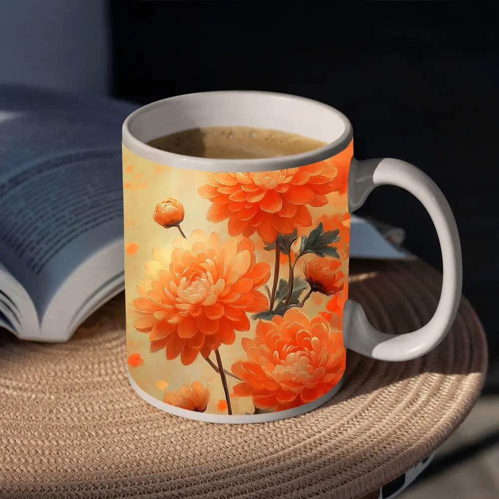 Orange Chrysanthemums With Dragonfly Floral Painting – Mugs