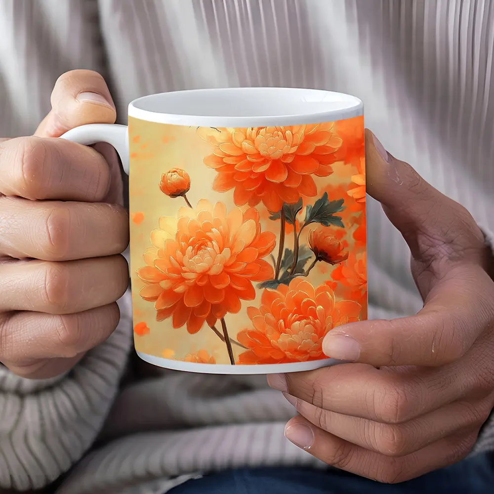 Orange Chrysanthemums With Dragonfly Floral Painting – Mugs