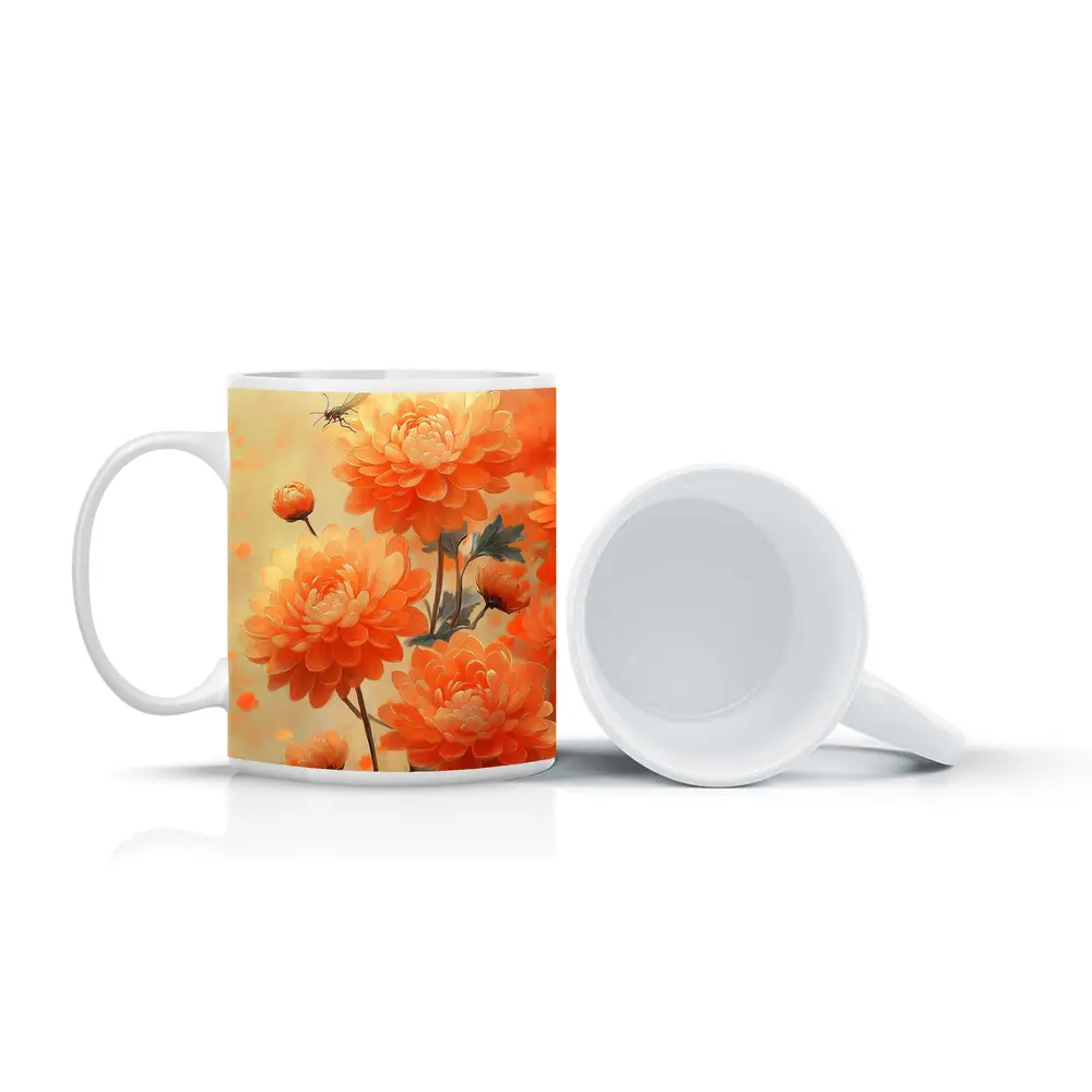Orange Chrysanthemums With Dragonfly Floral Painting – Mugs
