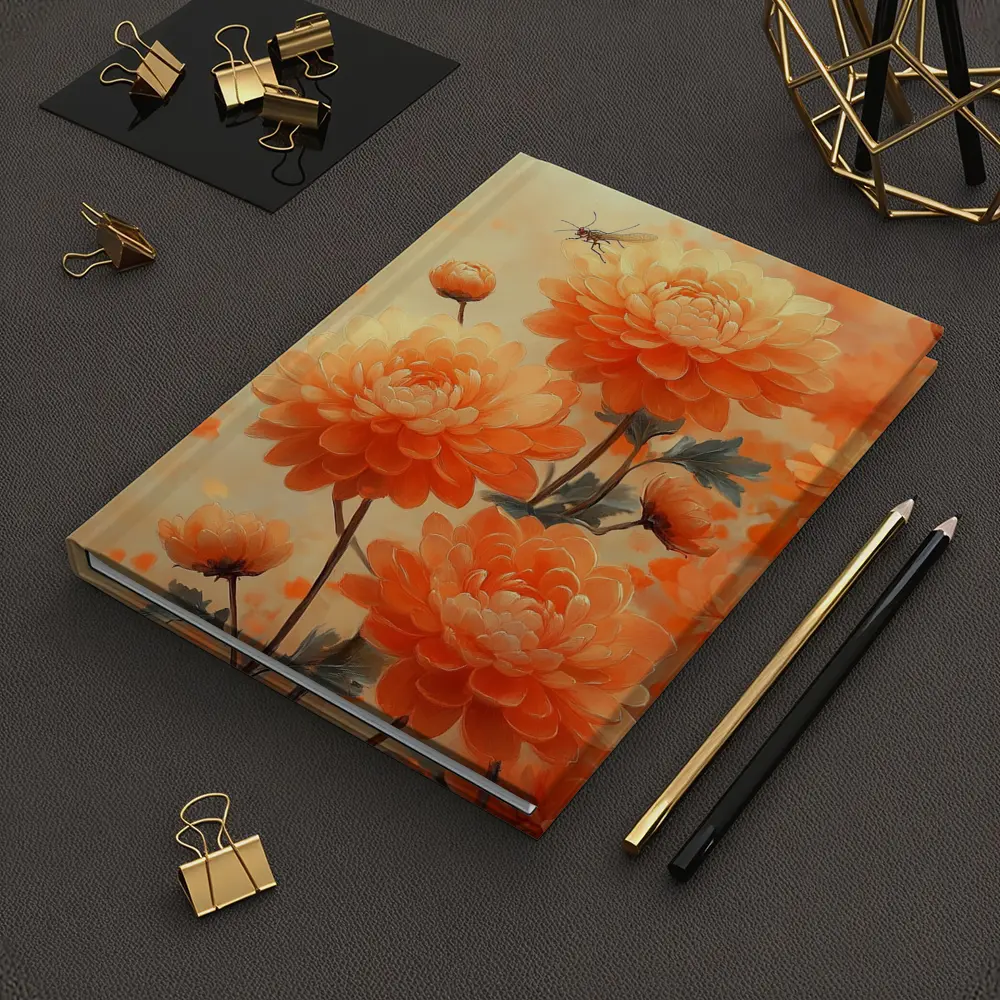Orange Chrysanthemums With Dragonfly Floral Painting – Notebooks