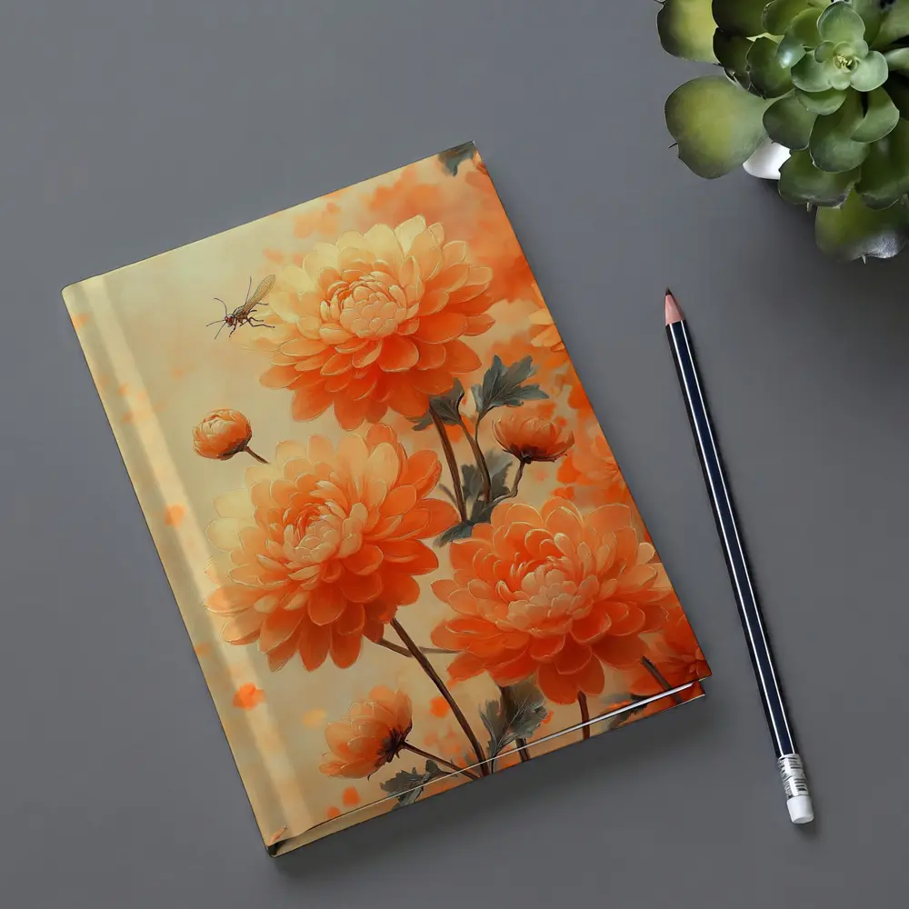 Orange Chrysanthemums With Dragonfly Floral Painting – Notebooks