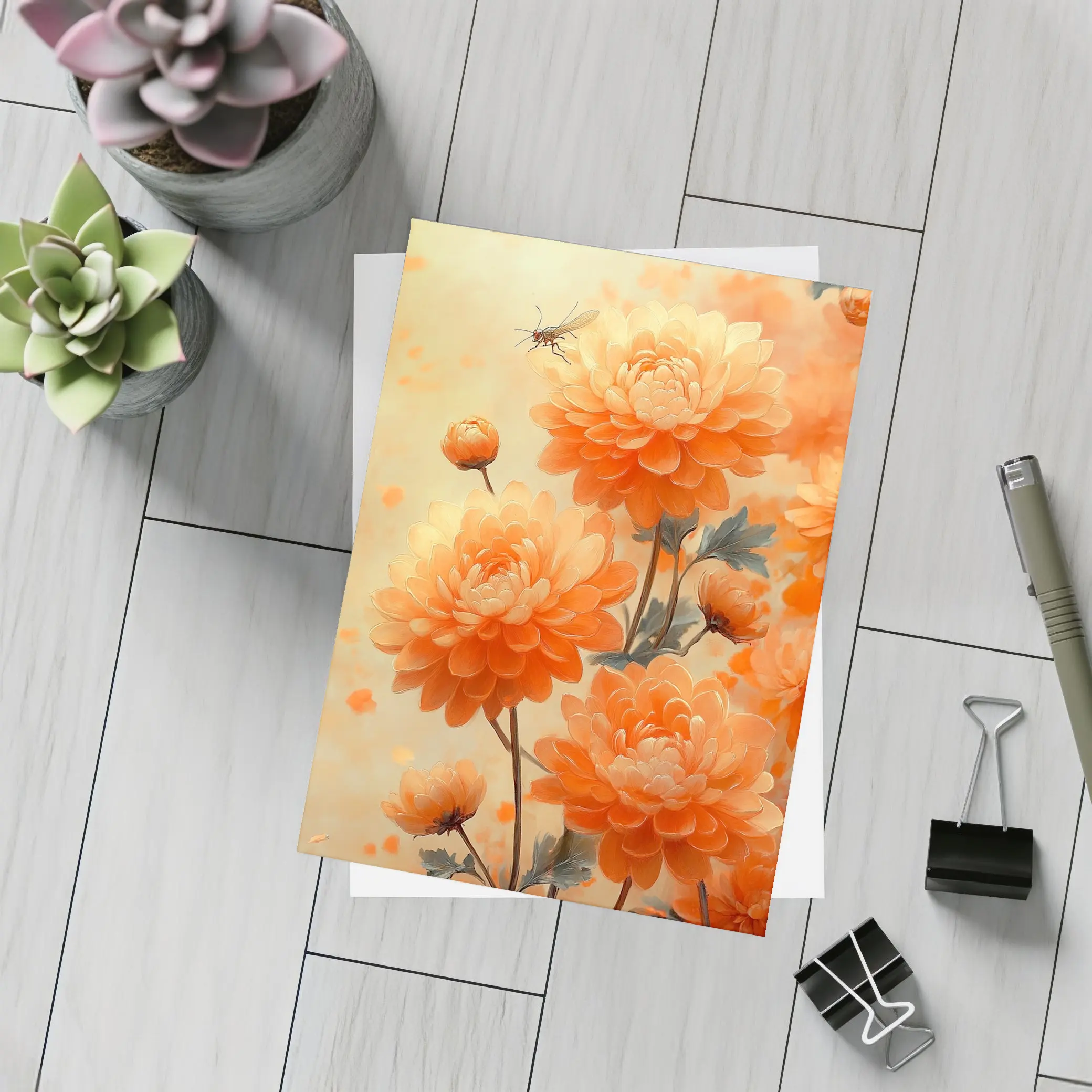 Orange Chrysanthemums With Dragonfly Floral Painting – Postcards