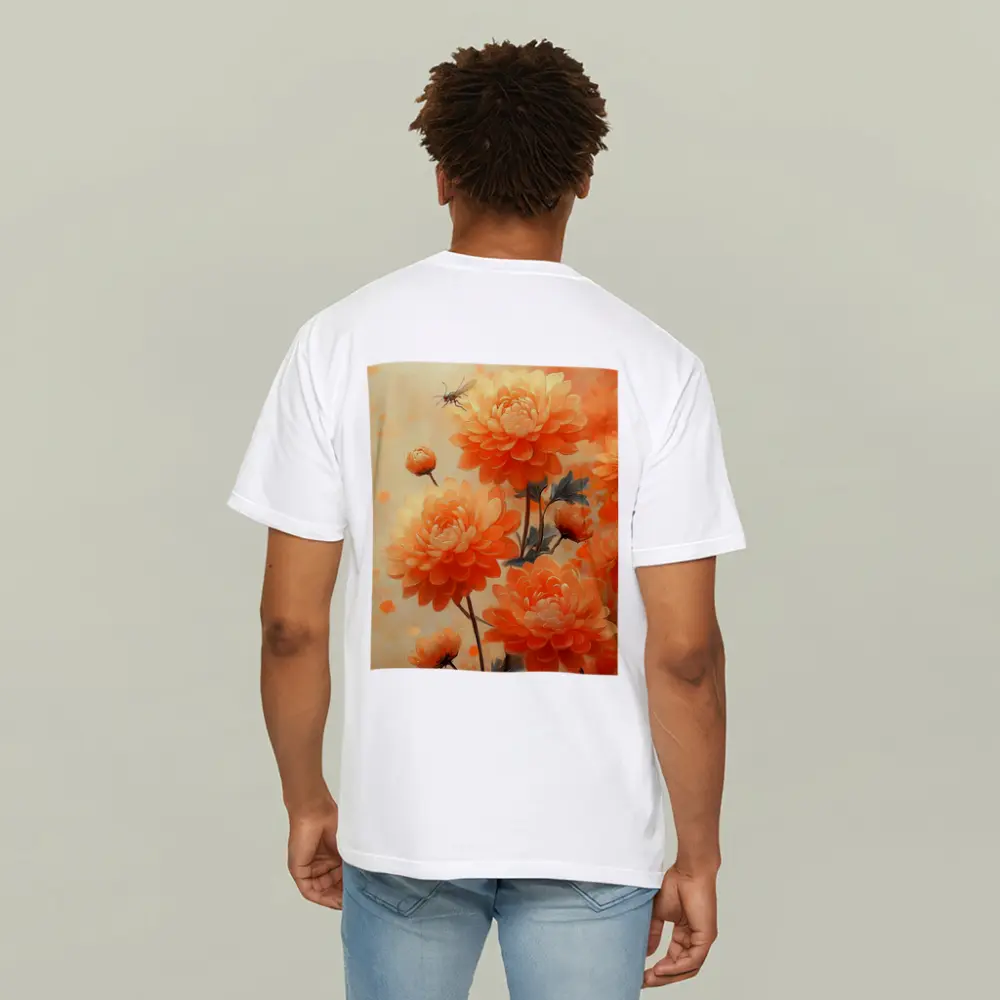 Orange Chrysanthemums With Dragonfly Floral Painting – T-Shirts