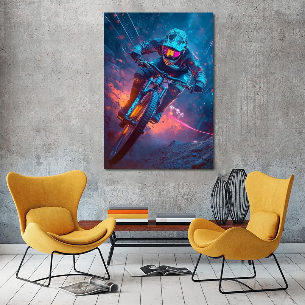 Neon Downhill Mountain Biker Cyberpunk Style – Wall Art