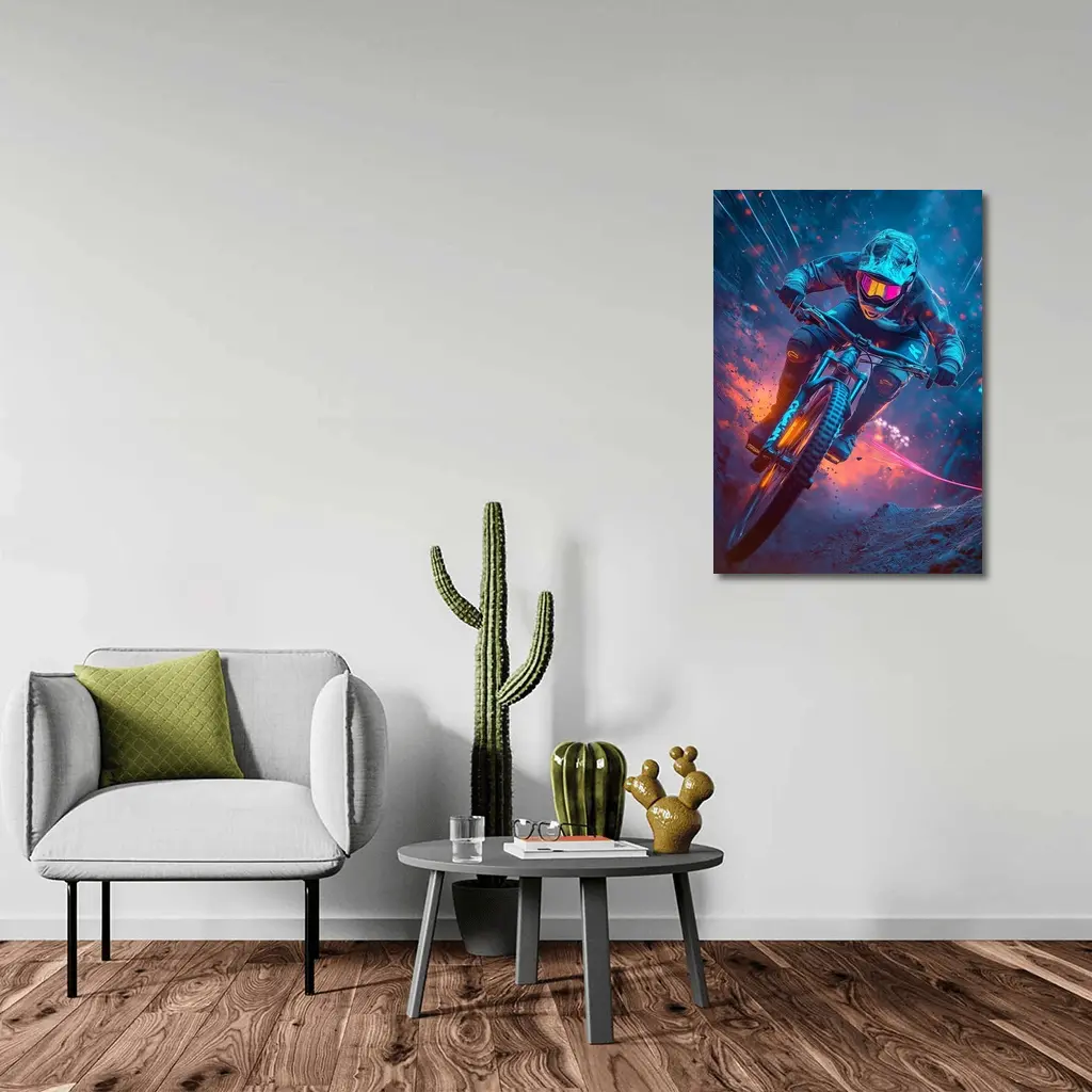 Neon Downhill Mountain Biker Cyberpunk Style – Wall Art