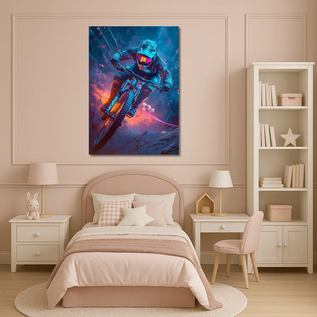 Neon Downhill Mountain Biker Cyberpunk Style – Wall Art