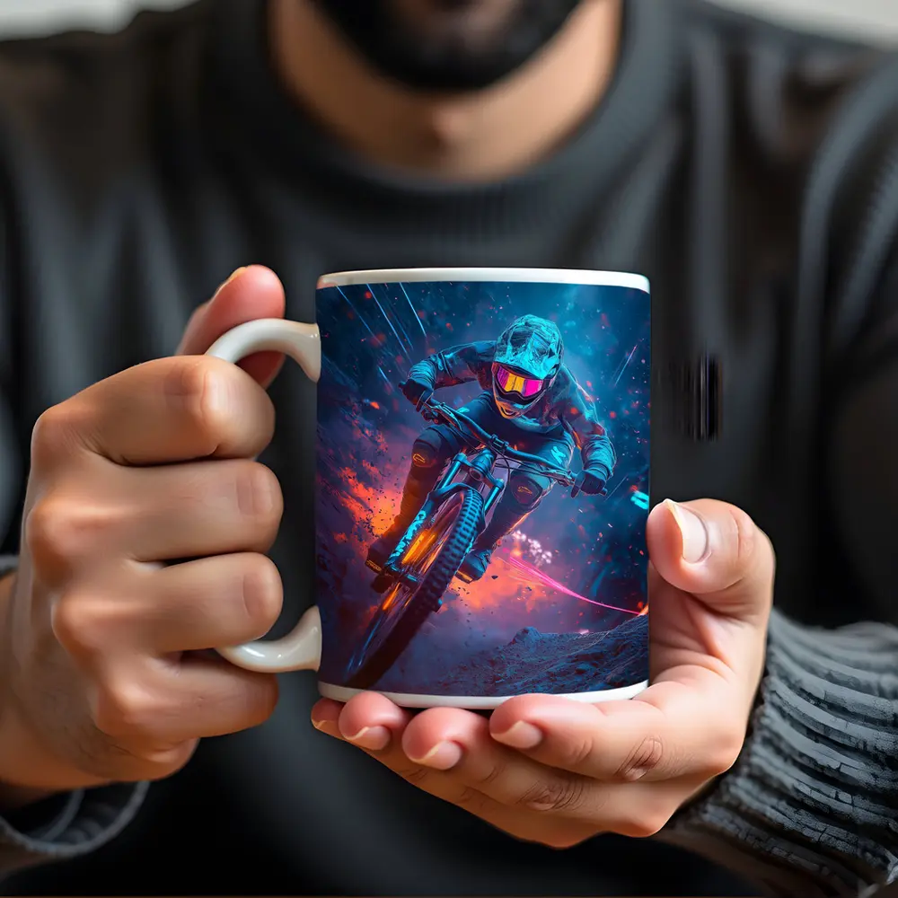 Neon Downhill Mountain Biker Cyberpunk Style – Mugs