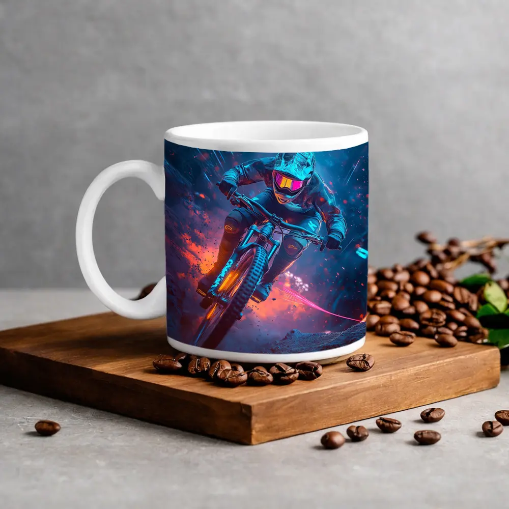 Neon Downhill Mountain Biker Cyberpunk Style – Mugs