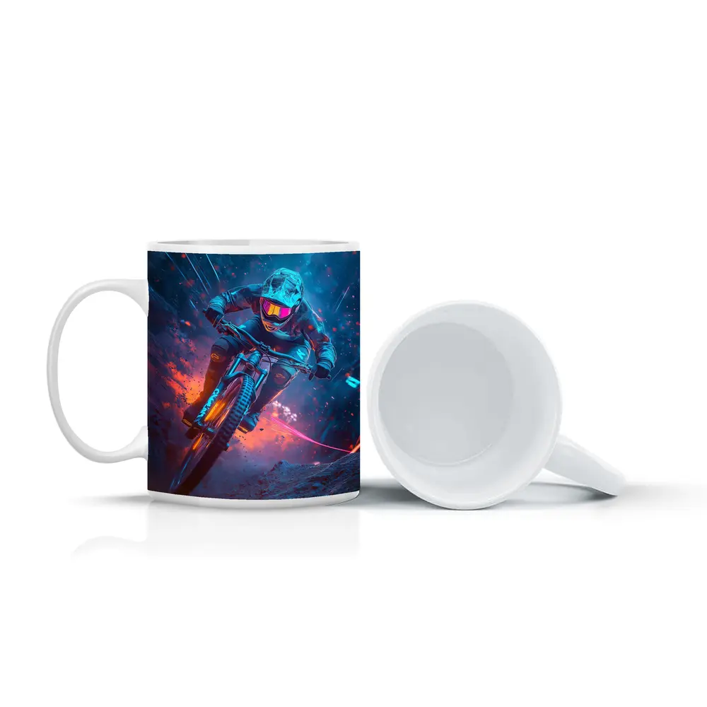 Neon Downhill Mountain Biker Cyberpunk Style – Mugs