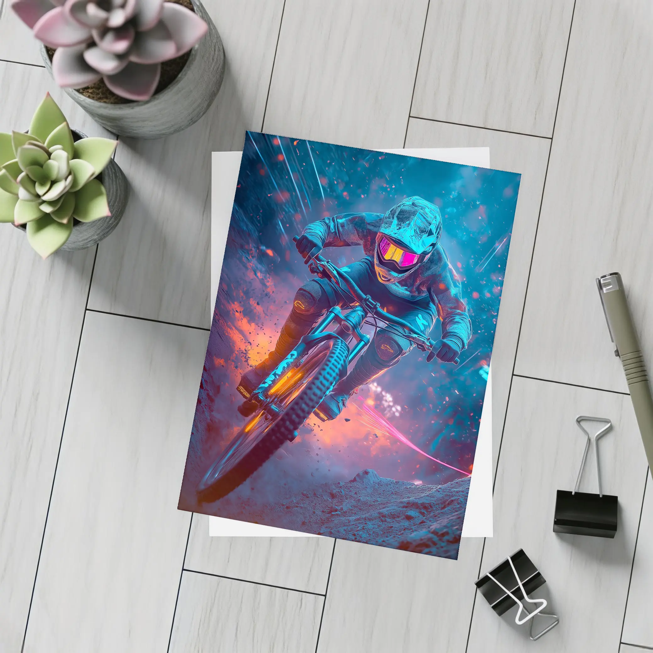 Neon Downhill Mountain Biker Cyberpunk Style – Postcards
