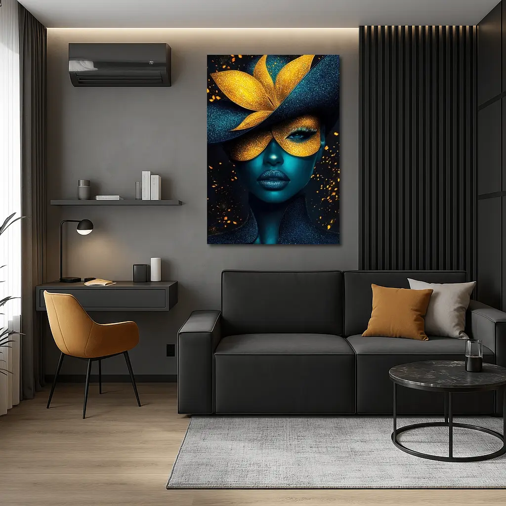 Blue Woman Gold Flower Mask Dark Art – Wall Art