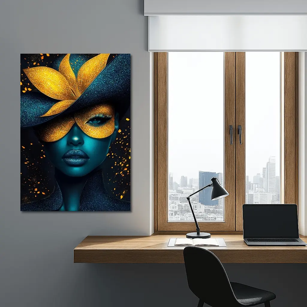 Blue Woman Gold Flower Mask Dark Art – Wall Art