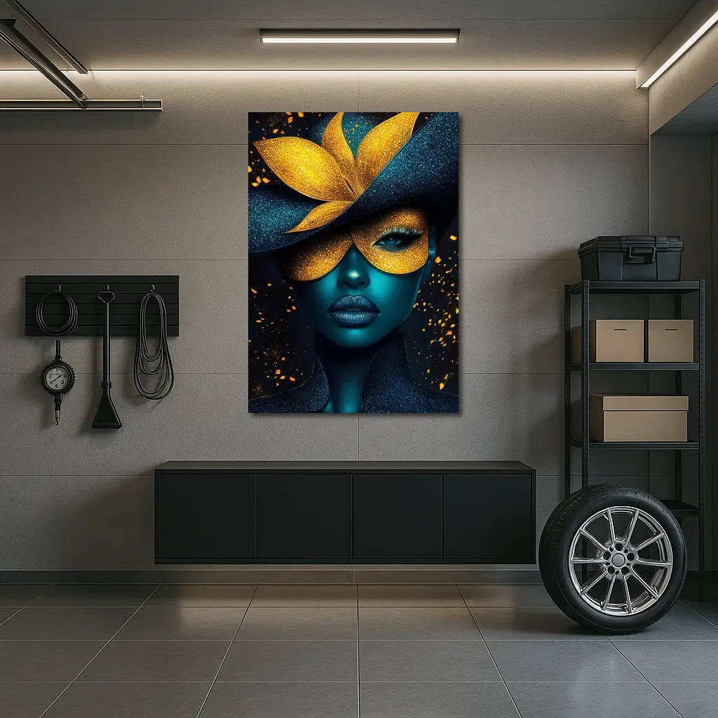 Blue Woman Gold Flower Mask Dark Art – Wall Art