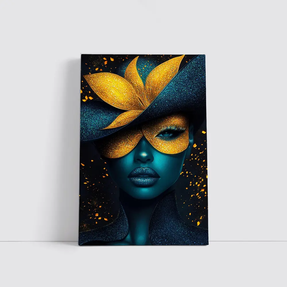 Blue Woman Gold Flower Mask Dark Art – Wall Art
