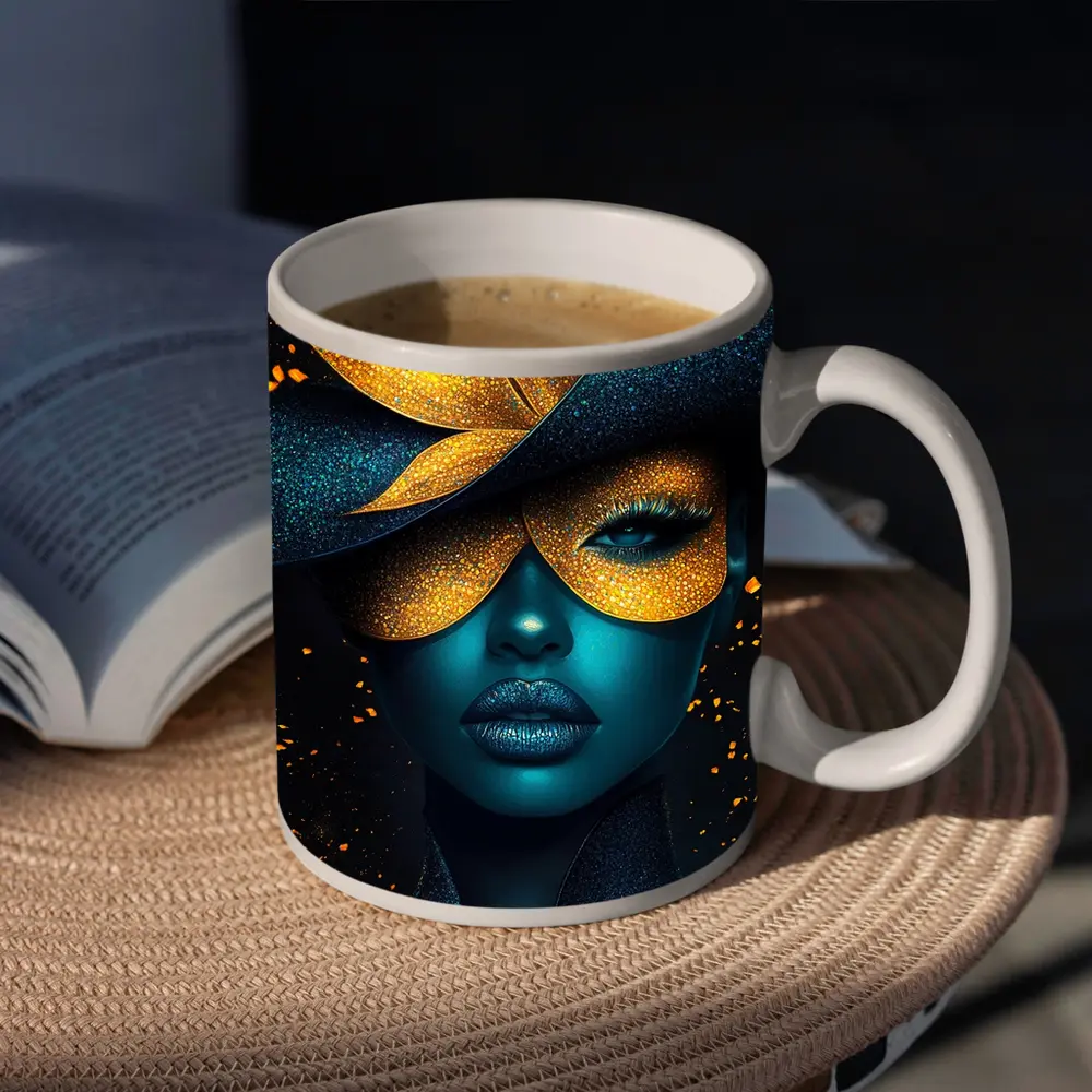 Blue Woman Gold Flower Mask Dark Art – Mugs